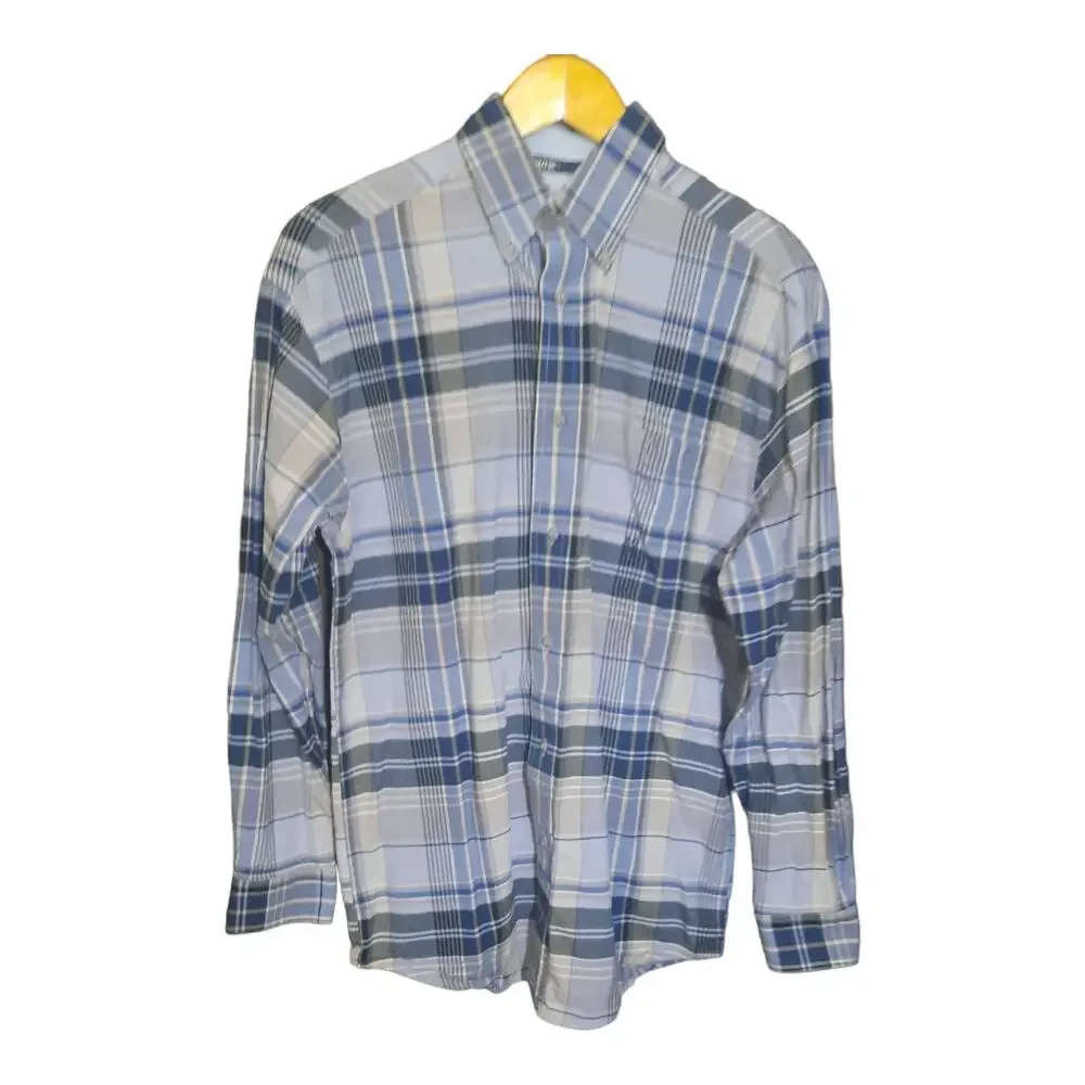 Wrangler Twenty X Mens Blue Plaid Button Front Long Sleeve Shirt Size M/L